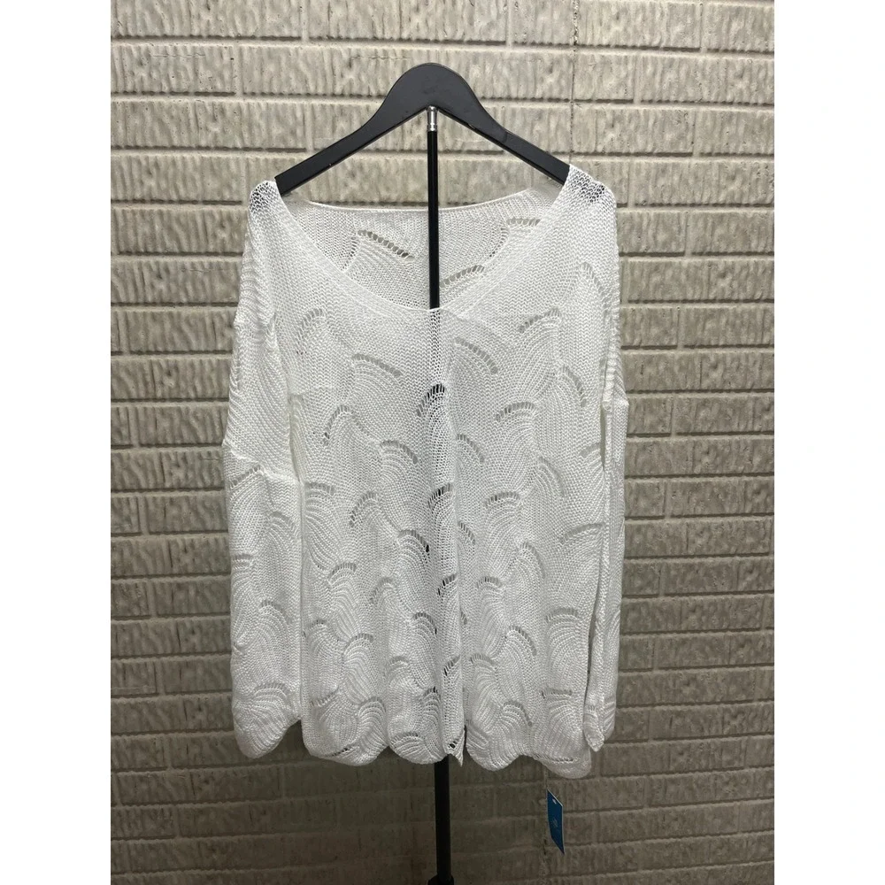Cupshe White Crochet Knit Beach Cover Up Top V-Neck Scalloped Wave CAA07A2M004 M